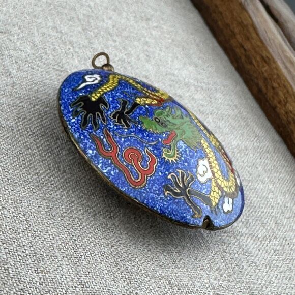 Vintage Round Puffy Double Sided Chinese Dragon Cloisonne Pendant 1.75" Blue - Picture 12 of 13